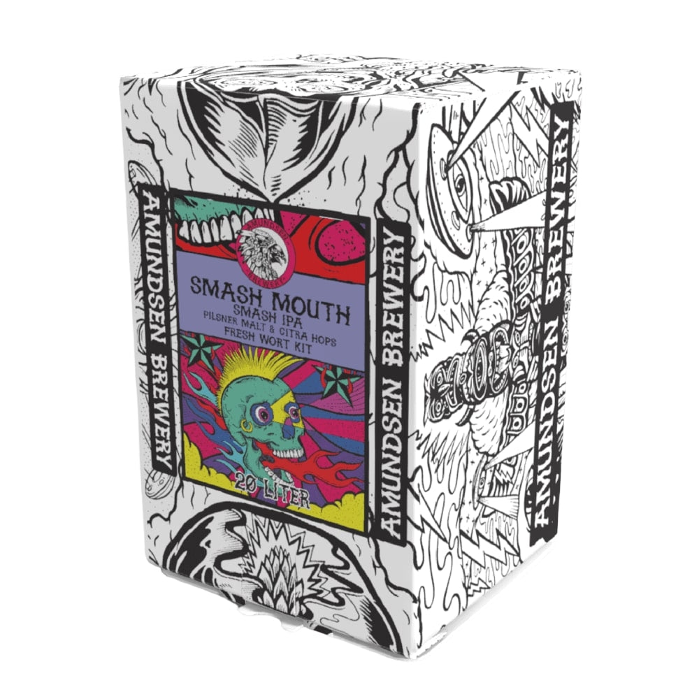 Amundsen Smash Mouth - SMaSH IPA - 20L Fresh Wort Kit har livlig hodeskallekunst på forsiden og svart-hvite illustrasjoner på sidene - en perfekt Single Malt Single Hop IPA for hjemmebryggingsfans.