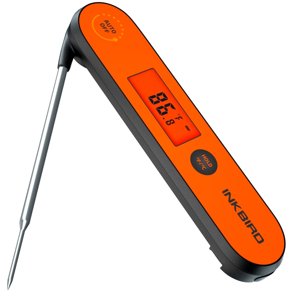 Inkbird Digitalt Termometer IHT-1P, i oransje og svart, har en metallsonde og viser 86,8°F. Dette oppladbare og vanntette termometeret fra Inkbird gir presis temperaturmåling for all matlaging på kjøkkenet.
