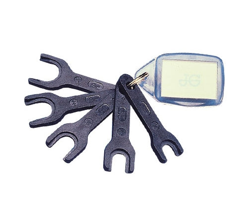 John Guest Collet Locking Tool - verktøy-settet inneholder fire åpne skiftenøkler i svart plast på en metallring med en gjennomsiktig nøkkelbrikke og hvit etikett, perfekt for låsing av John Guest-spennhylser. Merkevare: John Guest.