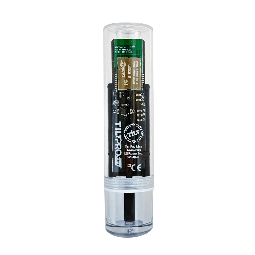 The Tilt Pro Mini Hydrometer & Termometer features a cylindrical transparent casing with a visible circuit board, designed for accurate specific gravity measurement—ideal for precise hjemmebrygging.