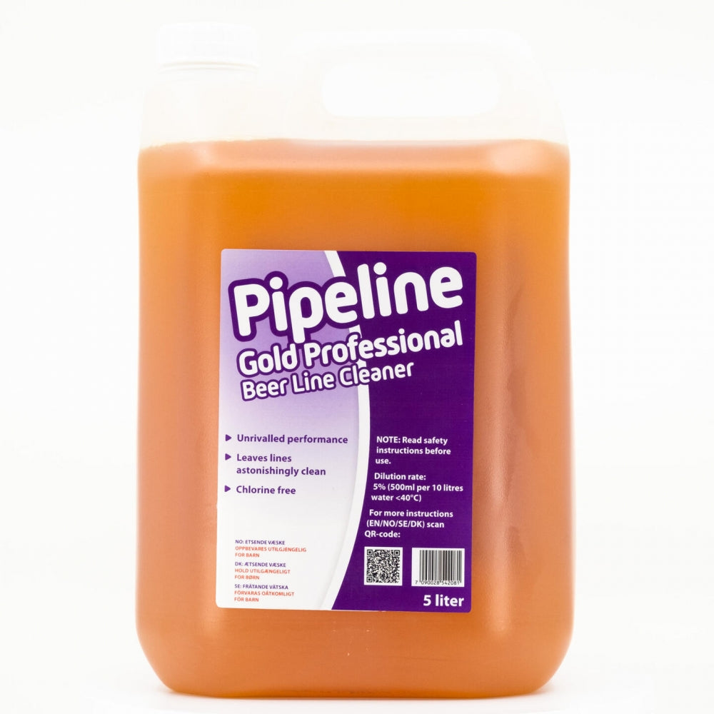 Pipeline Gold Professional 5L klorfri rensevæske for tappelinjer fra Pipeline, i oransje væske med lilla etikett, klassifisert som farlig gods.