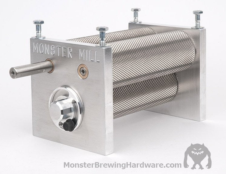 Monster Brewing Hardware Monster Mill MM3-Pro HT, komplett med base og trakt, er en rustfri maltmølle med tre valser og justeringsknapper, merket "Monster Mill" - ideell for hjemmebrygging.