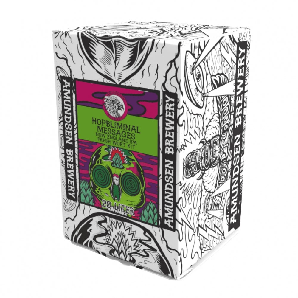 Amundsen Hopbliminal Messages - Hazy IPA - 20L Fresh Wort Kit har dristige, fargerike kunstverk med en grønn hodeskalle og slående svart-hvitt-design - ideelt for New England IPA-fans.