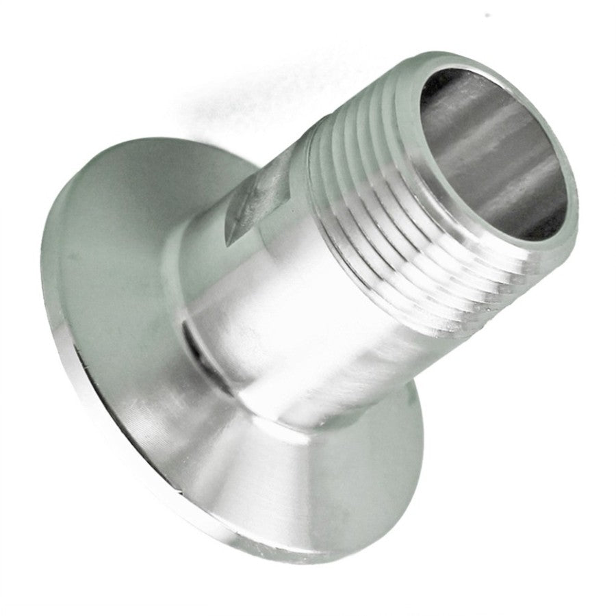 Brewshop 1,5" Tri-Clamp x 3/4" BSP (hann) gjenget rørkobling med flens, laget av 304 rustfritt stål, er vist på en hvit bakgrunn.