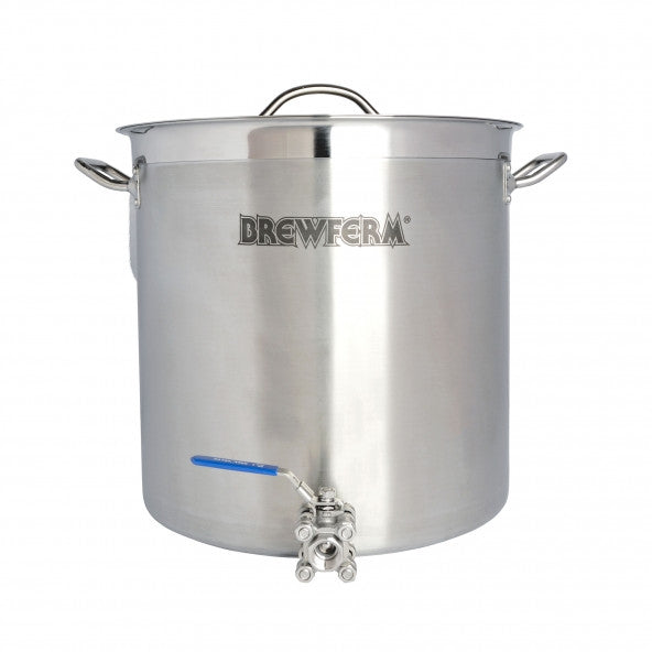 Bryggekjele 35L med kuleventil og lokk fra Brewferm i rustfritt stål, med to sidehåndtak, logo og tappekran med blått håndtak nær bunnen.