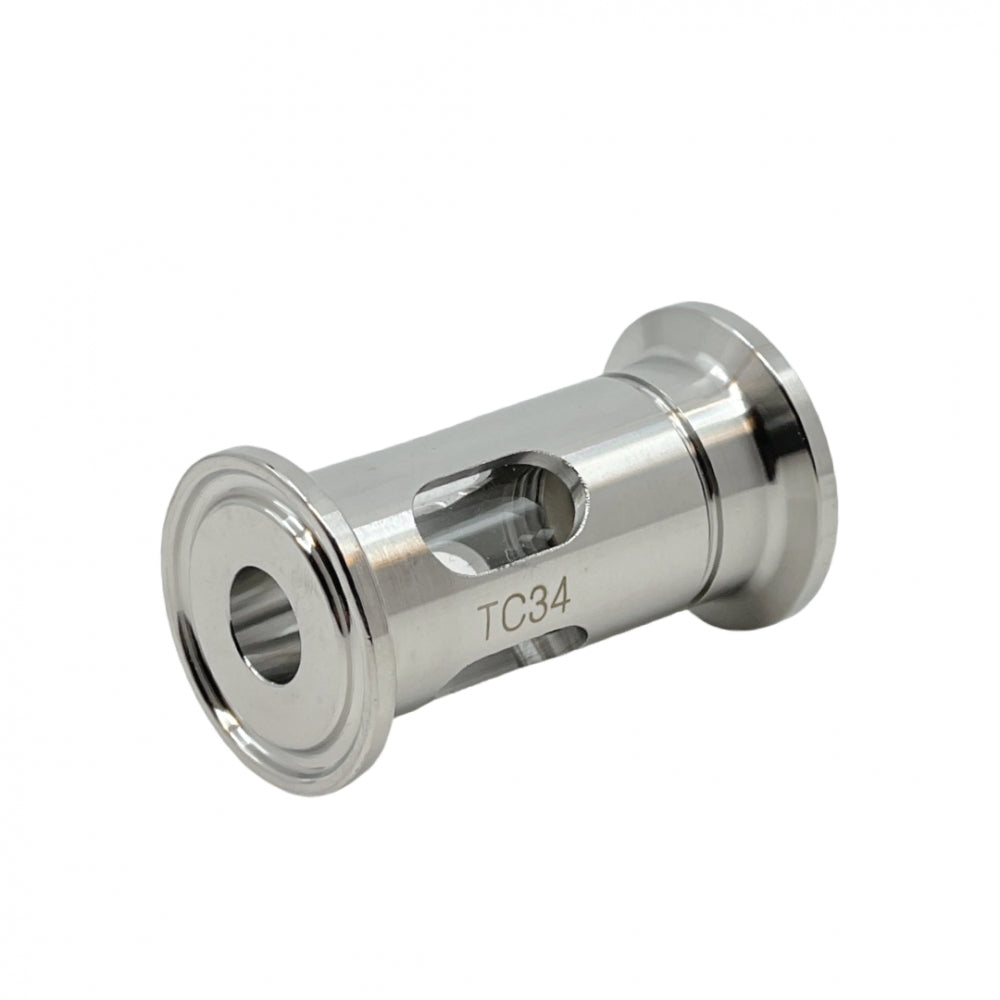Brewshop 34 mm Tri-Clamp Mini Siktglass er en rustfritt stålsylinder med flensede ender, en hul midtseksjon og TC34-merking. Designet for Tri-Clamp-tilkoblinger.