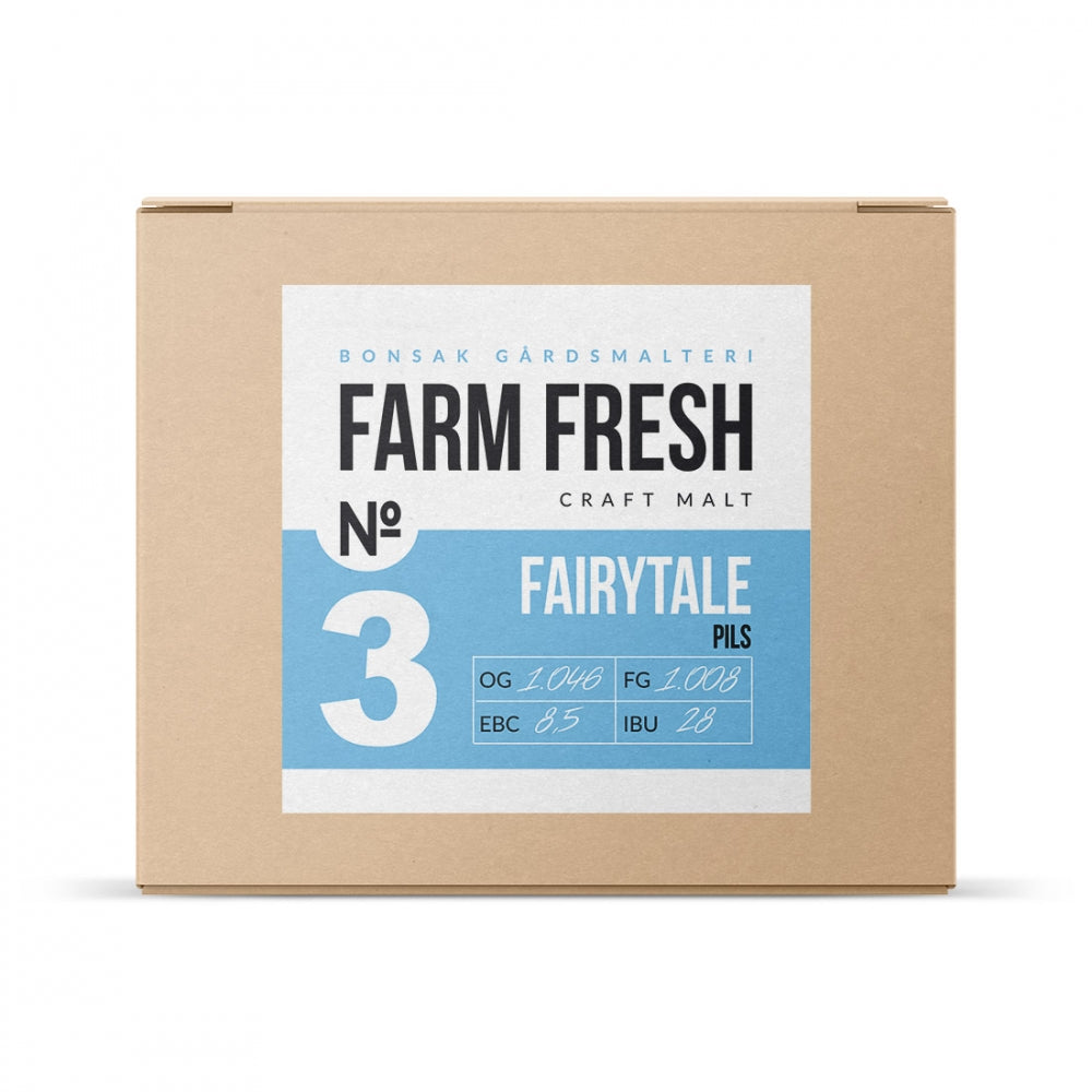 En pappeske merket Fairytale Pils - allgrain ølsett fra Bonsak Gårdsmalteri, med bryggedetaljer på en blå og hvit etikett - perfekt til din neste batch.