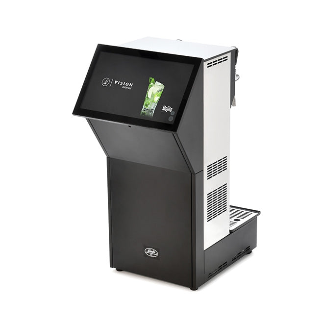 Lindr KONTAKT 60/K Vision Green Line tappetårn fra Lindr er et moderne svart-hvitt tappetårn med kjøling og en berøringsskjerm som viser en drikkevare på en hvit bakgrunn.