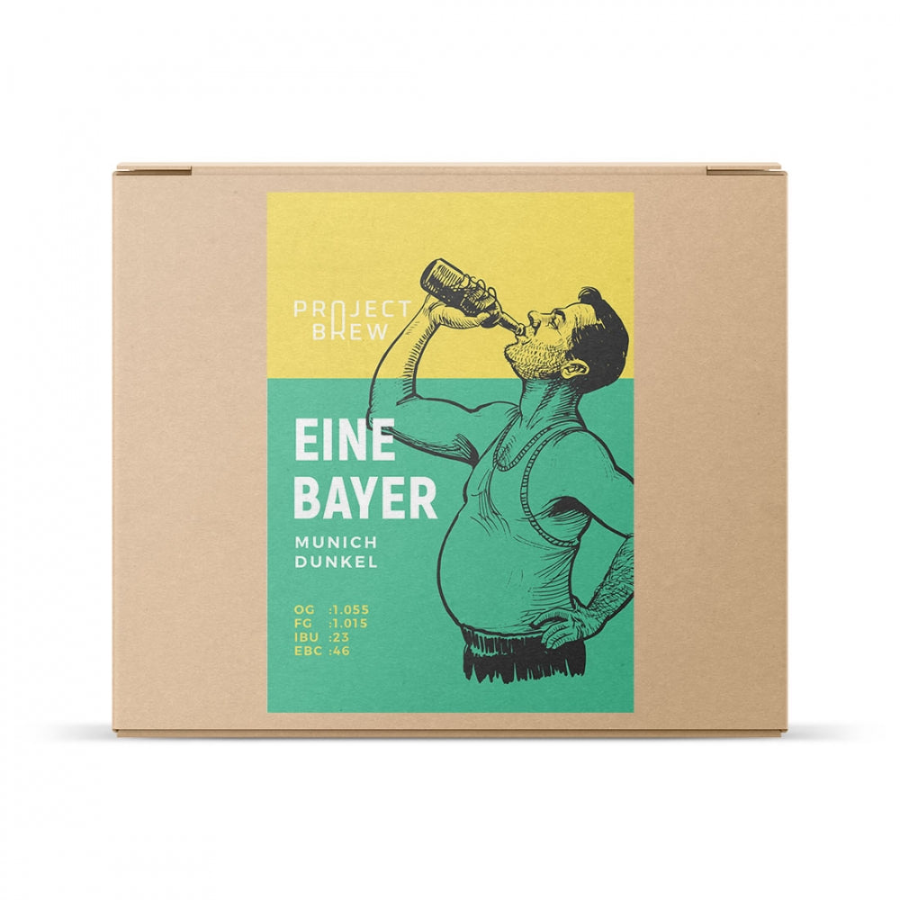 En brun eske merket Project Brew Eine Bayer - Munich Dunkel allgrain ølsett viser en mann som drikker fra en flaske - perfekt til bruk sammen med maltmøllen din.