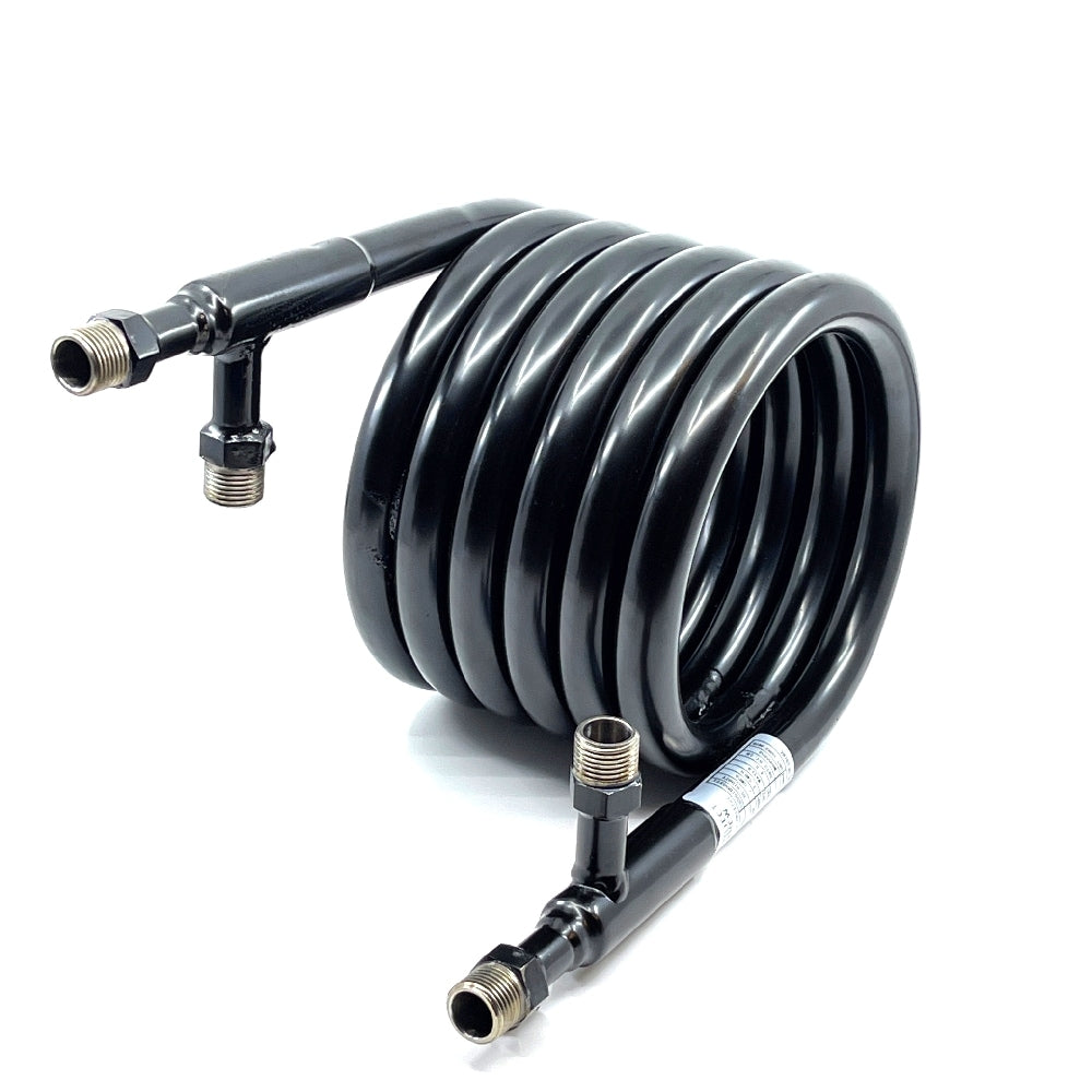Project Brew Wort Chiller - en motstrømskjøler i kobber med gjengede rørdeler - er ideell for ølbrygging og vises mot en hvit bakgrunn. Merkevare: Project Brew.