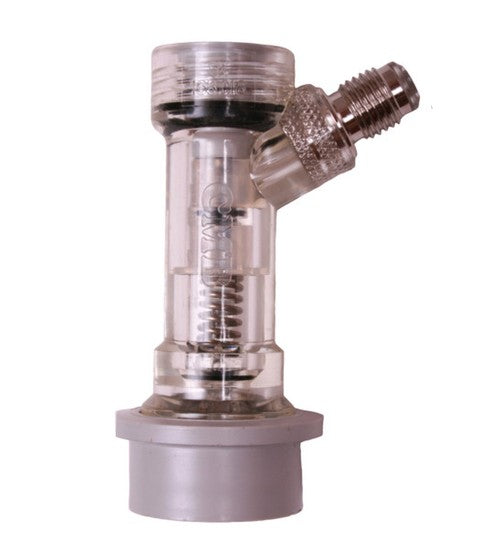 CMB Ball Lock CO2 med tilbakeslagsventil er en frakoblingsarmatur i gjennomsiktig plast og metall med grå base, synlig innvendig fjær, vinklet kontakt og 1/4" FFL gjenger for bryggeriutstyr.