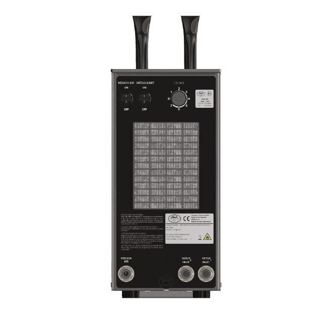Lindr PYGMY 25/K Exclusive NEW 2X Tap Green Line fra Lindr sett bakfra, med ventilasjonsåpninger, en kontrollknapp, brytere, produktetiketter, teknisk informasjon og to kabler som strekker seg fra toppen.