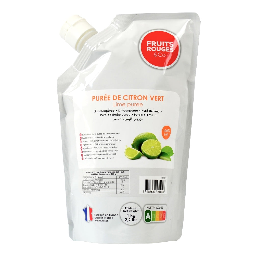 En hvit 1 kg-pose med Lime fruktpuré fra Fruits Rouges & Co inneholder lime, produktinformasjon og næringsdeklarasjon. Denne pasteuriserte puréen sikrer friskhet og en livlig limesmak.