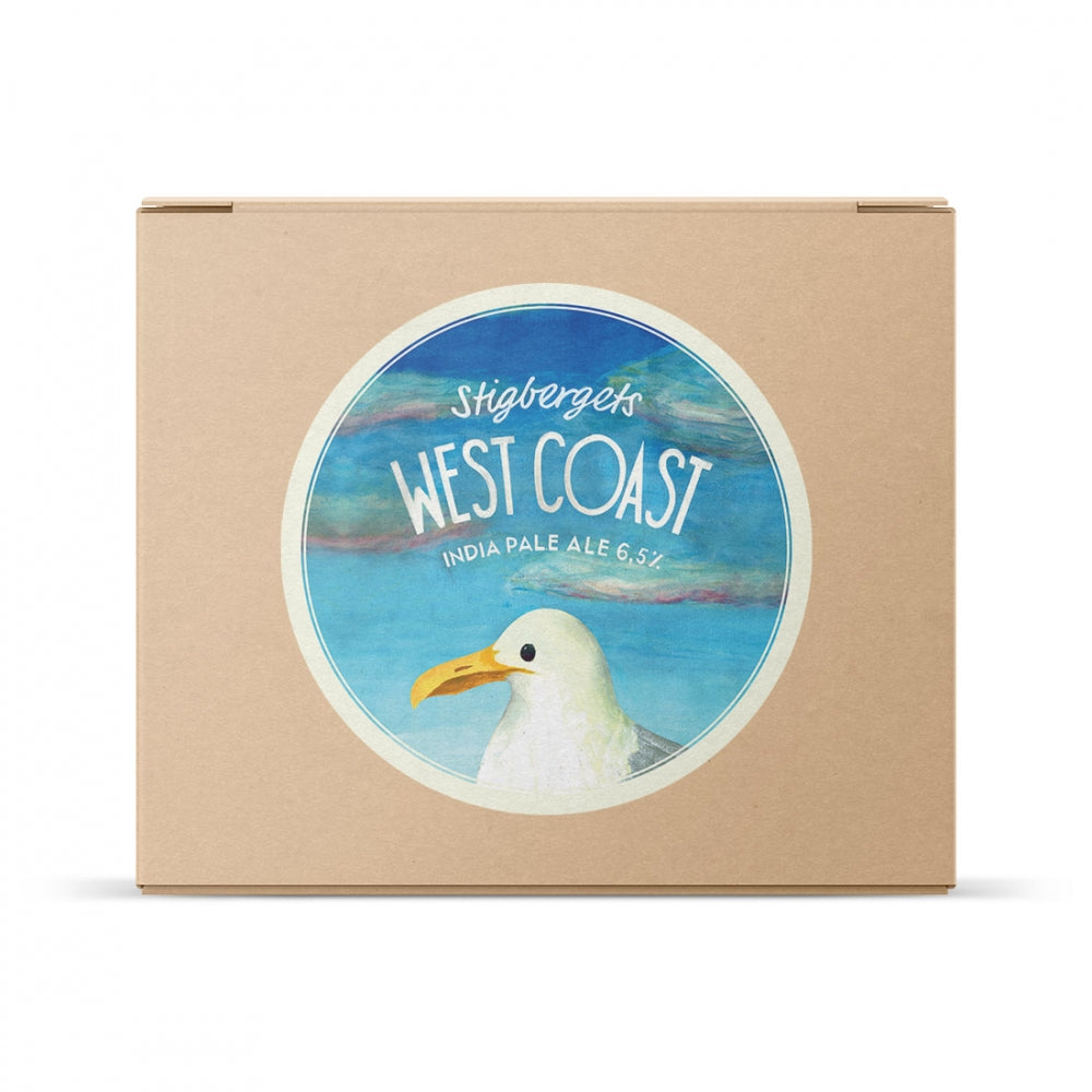 En pappeske merket "Stigbergets West Coast IPA - allgrain ølsett" fra Brewshop, med en illustrasjon av en måke og blå himmel - ideell for klassiske IPA- og NEIPA-fans.