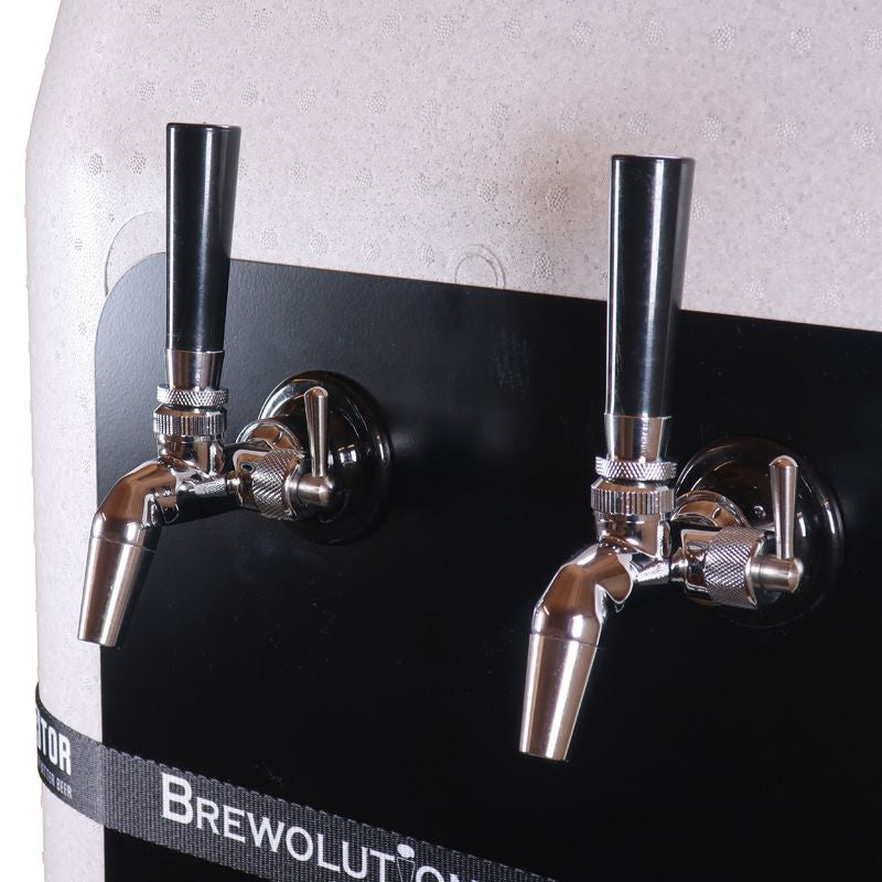 Nærbilde av to tappekraner i rustfritt stål fra Brewolution Ferminator Plug & Pour - 2 tappekraner-system på en bryggetank merket BREWOLUTION.