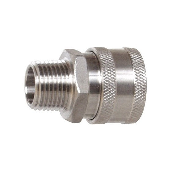 Brewshop Hurtigkobling hunn - 1/2" NPT er en hurtigkoblingskobling i metall med gjenget utvendig ende og strukturert gripekrage, avbildet mot en hvit bakgrunn.