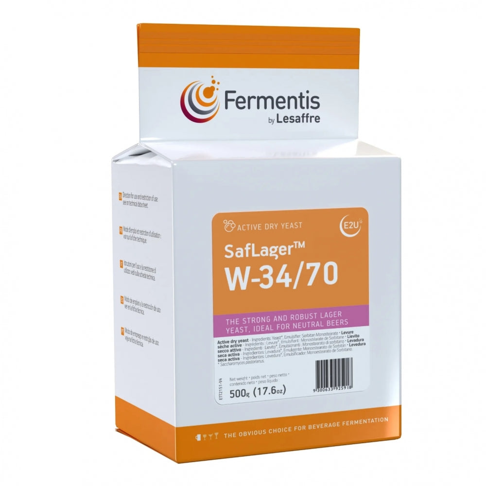 En 500 g pakke med Fermentis Saflager W-34/70, en sterk lagergjær som er ideell for nøytralt øl. Se Spesifikasjoner for mer informasjon.