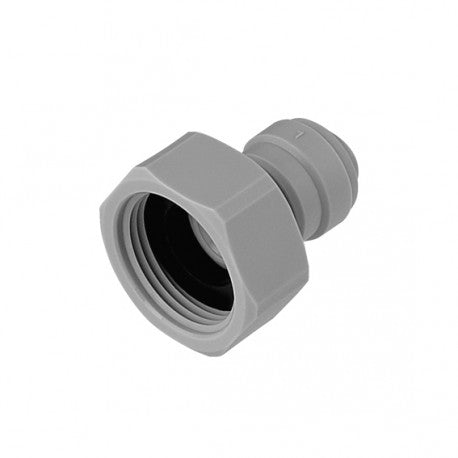 Dmfit Female Adaptor F 3/4" BSP til 5/16" (Tap adaptor), grå plast med stor gjenget ende og mindre push-fit, næringsmiddelgodkjent, vist på hvit bakgrunn.