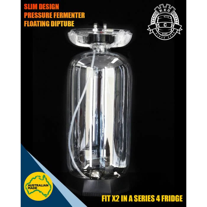 Selvfølgelig! Her er en omskrevet versjon som inkluderer produktopplysningene dine: Fermenter King Junior 20L Trykktank & Keg er en slank, gjennomsiktig trykkgjæringstank i plast med et flytende nedsenkingsrør, avbildet stående på en svart bakgrunn. Med australsk kvalitet og kompatibilitet med kjøleskap i serie 4 er denne enheten perfekt for hjemmebrygging – noe som gjør trykkgjæring enkelt og effektivt for hjemmebryggere.