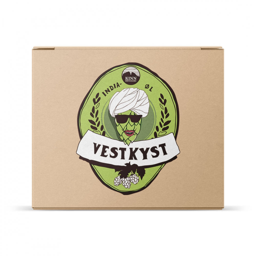 Brewshops Kinn Vestkyst Indiaøl - allgrain ølsett kommer i en brun eske med en grønn etikett med en illustrert figur med solbriller og turban - perfekt til hjemmebrygging.