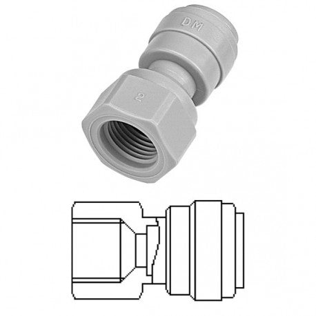 En Dmfit DMfit overgang 5/16" - 1/4" FFL-rørkobling er vist ovenfor, med en svart-hvitt strektegning av denne næringsmiddelgodkjent-adapteren vist nedenfor.