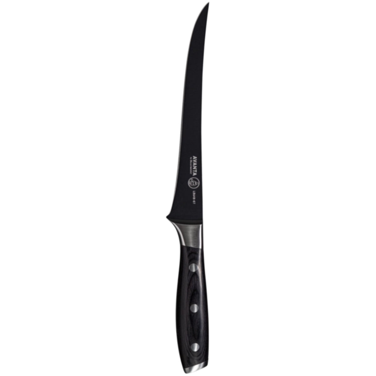Messermeister Bennie Kendrick Fillet Kniv har et svart håndtak og et langt, smalt, lett buet blad for presis kutting av fisk eller kjøtt.