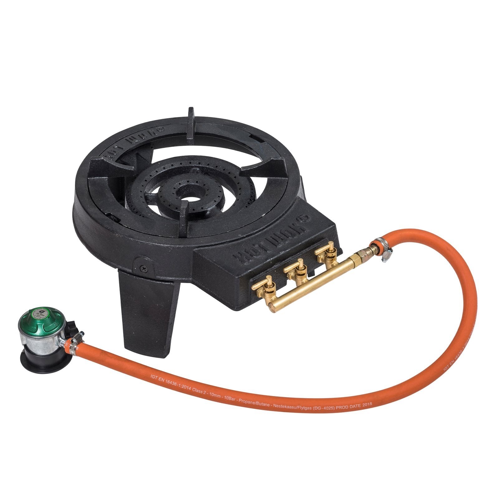 HOT WOK PRO 12 kW gassbrenner med wokpanne fra HotWok er en svart gassbrenner med oransje gasslange og regulator - perfekt for utendørs eller industriell matlaging.
