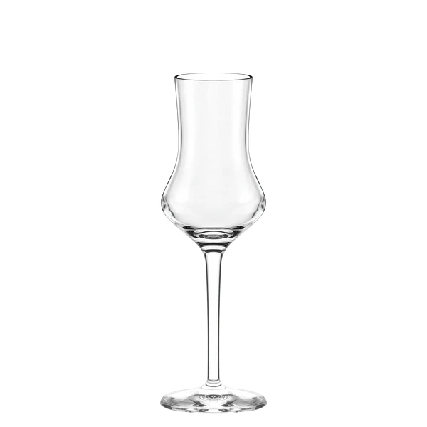 Det klare Stölzle Lausits Grappaglasset 90 ml med lang stilk og smal skål er laget av fint krystallglass og er avbildet på en ren hvit bakgrunn. Leveres som et sett med 6 glass.