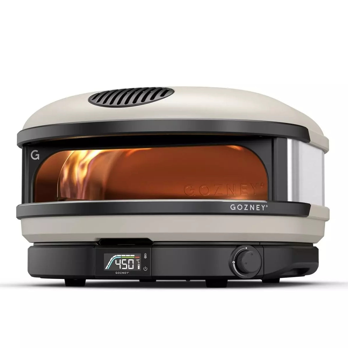 Gozney Arc XL - Bone 16" gasspizzaovn har en digital temperaturvisning innstilt på 450°F, glødende flammer og Gozney-merkevare - ideelt for å lage autentisk napolitansk pizza på benkeplaten.