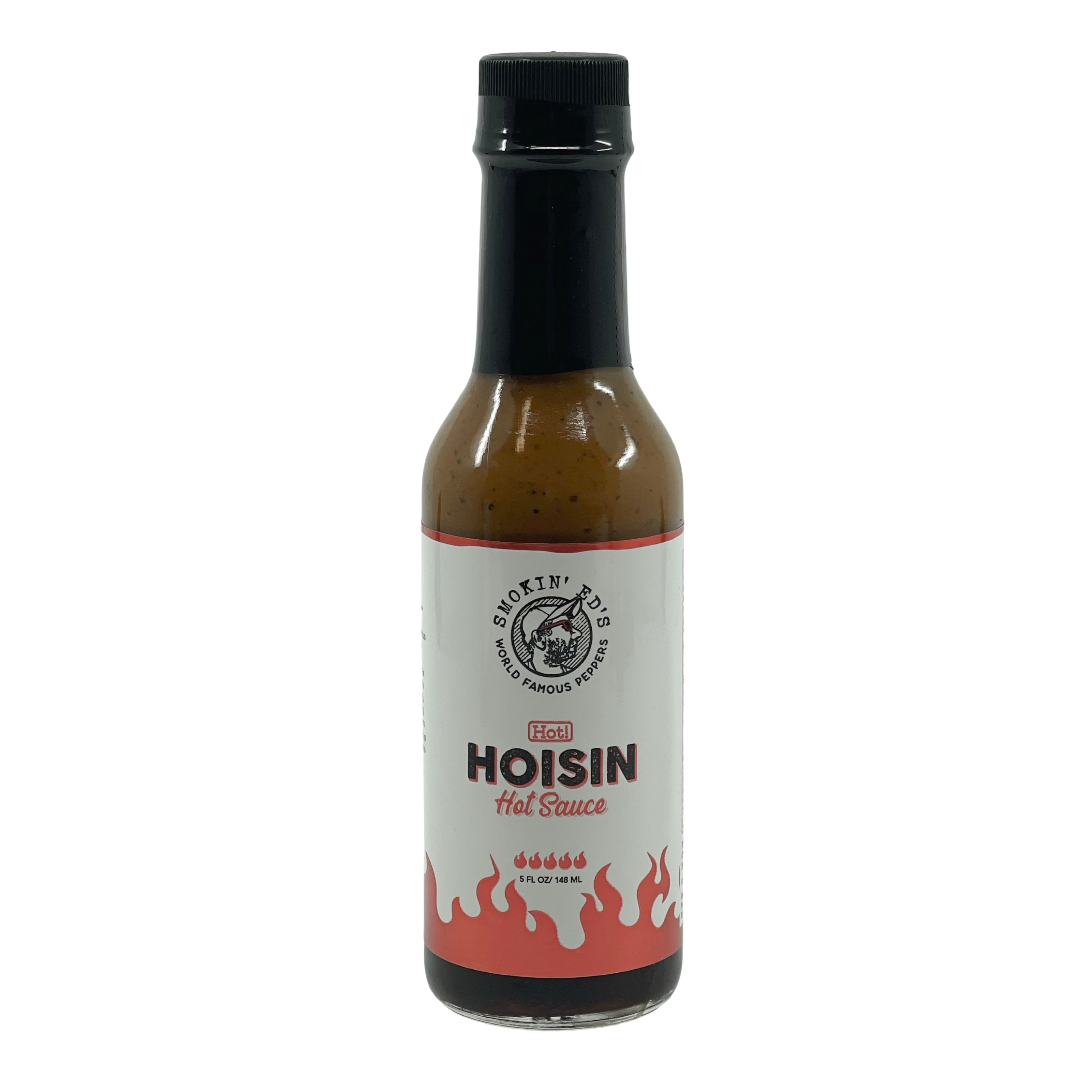 En flaske Hoisin Hot Sauce fra PuckerButt Pepper Company, laget med brennende chilipepper for de som ønsker sterk hete i hver eneste dråpe.