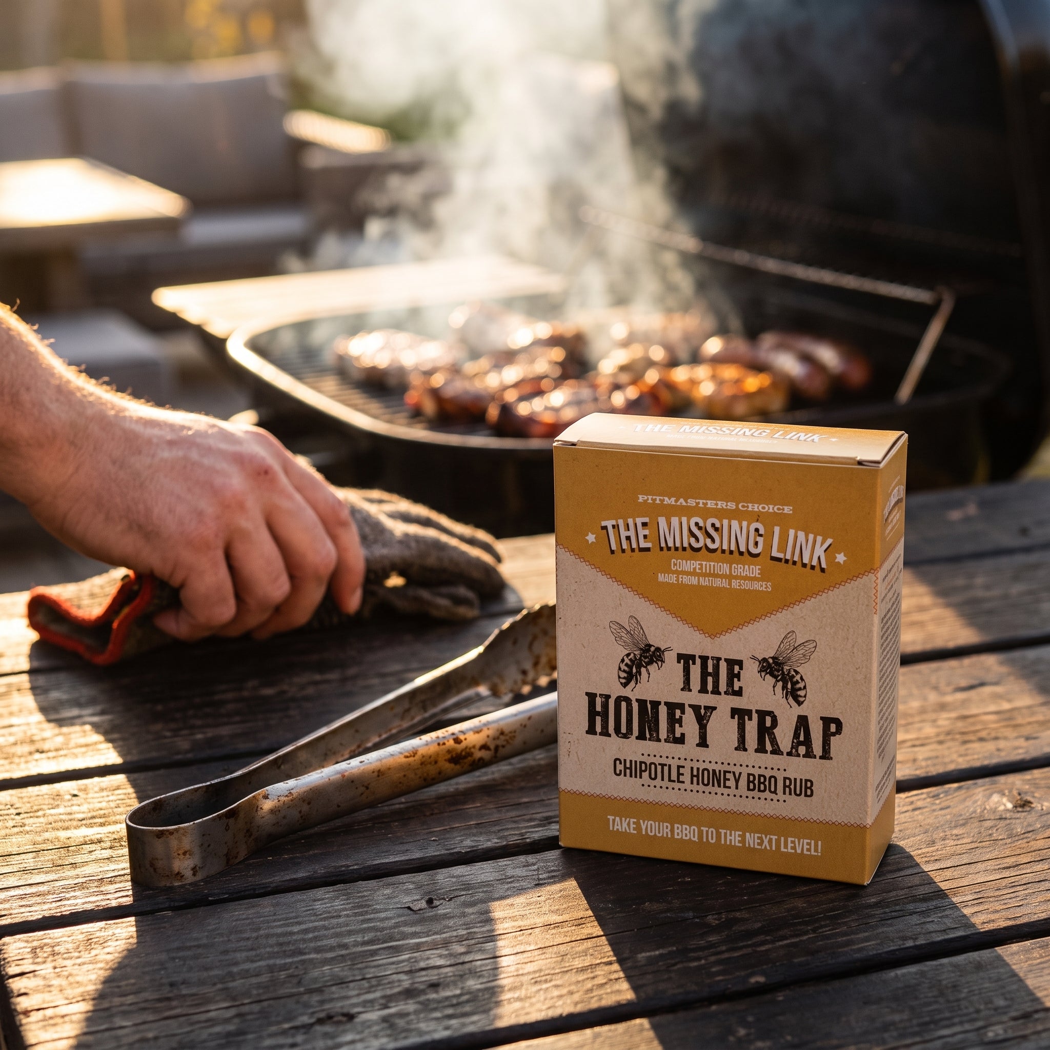 En eske med «The Missing Link Honey Trap BBQ Rub» står på et trebord ved siden av grillutstyret, mens noen griller kjøtt i bakgrunnen – det perfekte øyeblikket for å prøve denne smakfulle BBQ-krydderblandingen med honning og chipotle.