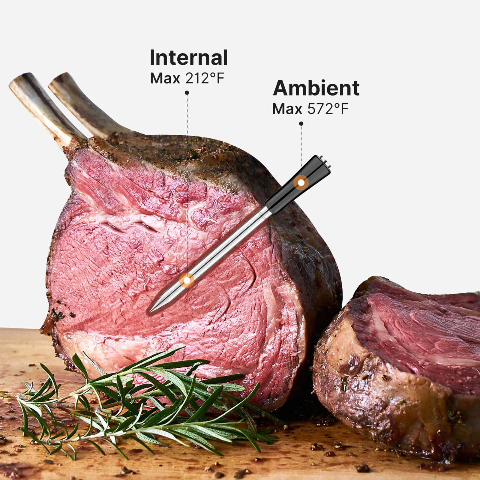 En stekt ribbestek er utstyrt med et Inkbird INT-11P-B Bluetooth Steketermometer, som viser en indre temperatur på maks 212°F og en omgivelsestemperatur på maks 572°F, og er pyntet med fersk rosmarin.
