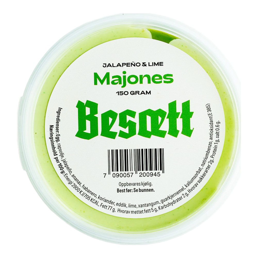Besætt Jalapeño & Lime Majonnäs 150 g sedd ovanifrån, med etikett på locket