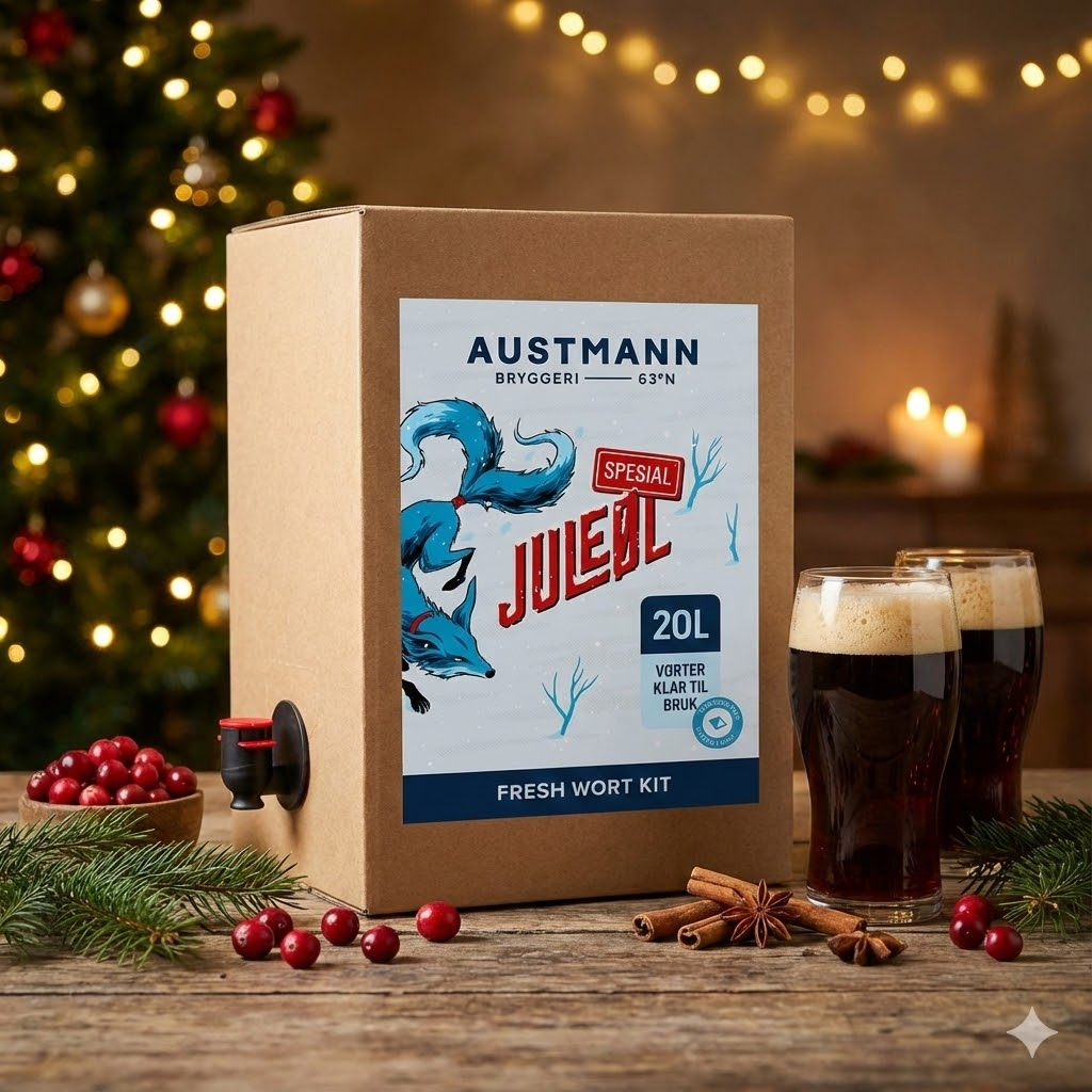 En eske med Austmann Juleøl Spesial - 20L Fresh Wort Kit by Austmann står på et bord med to mørke juleøl, grangrener, tyttebær og julelys som skaper en festlig bakgrunn.