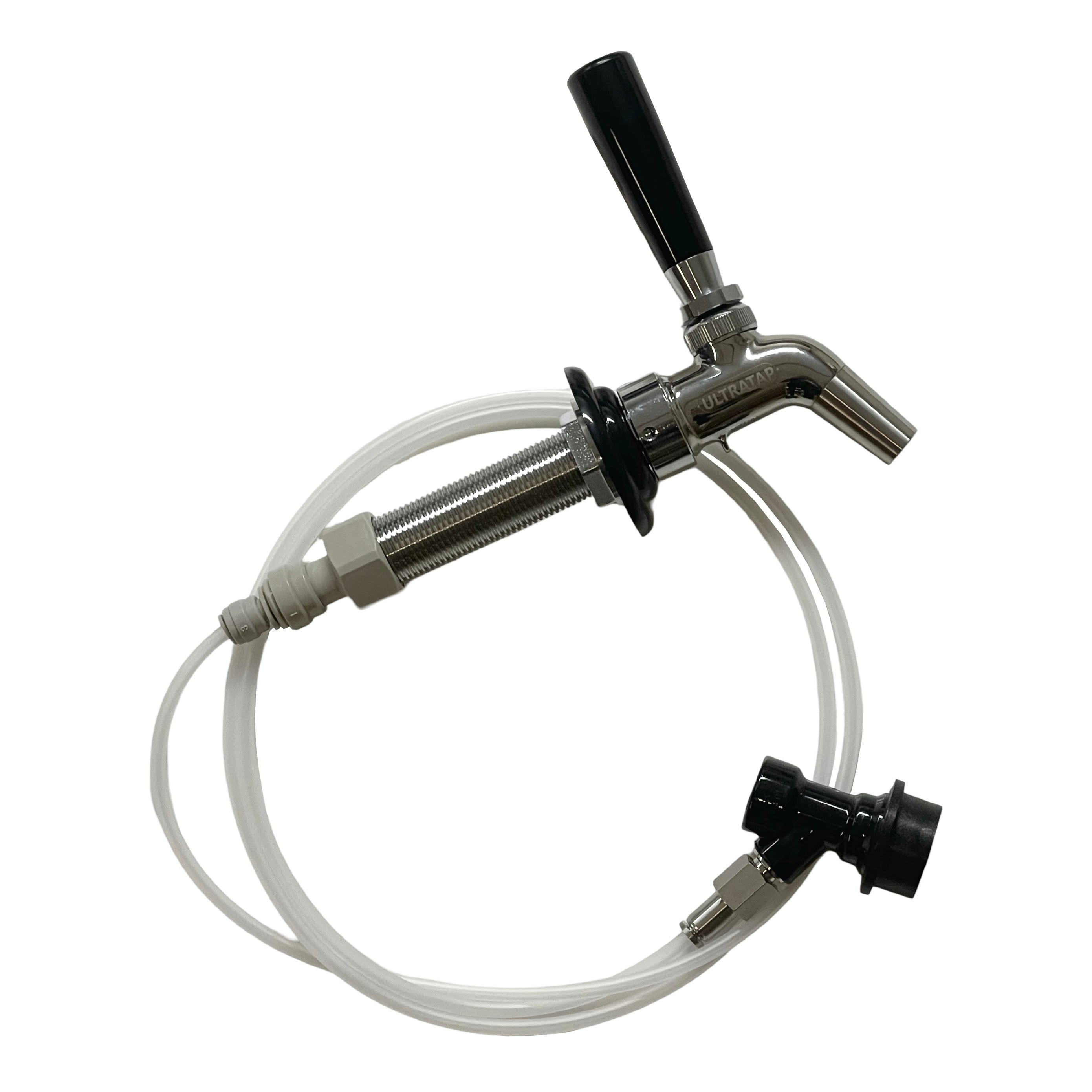 Brewshop Beer Tap Conversion Kit inneholder en tappekran i rustfritt stål med svart håndtak, slanger og en hurtigkobling - perfekt for å oppgradere kegeratoren eller hjemmebaren din.