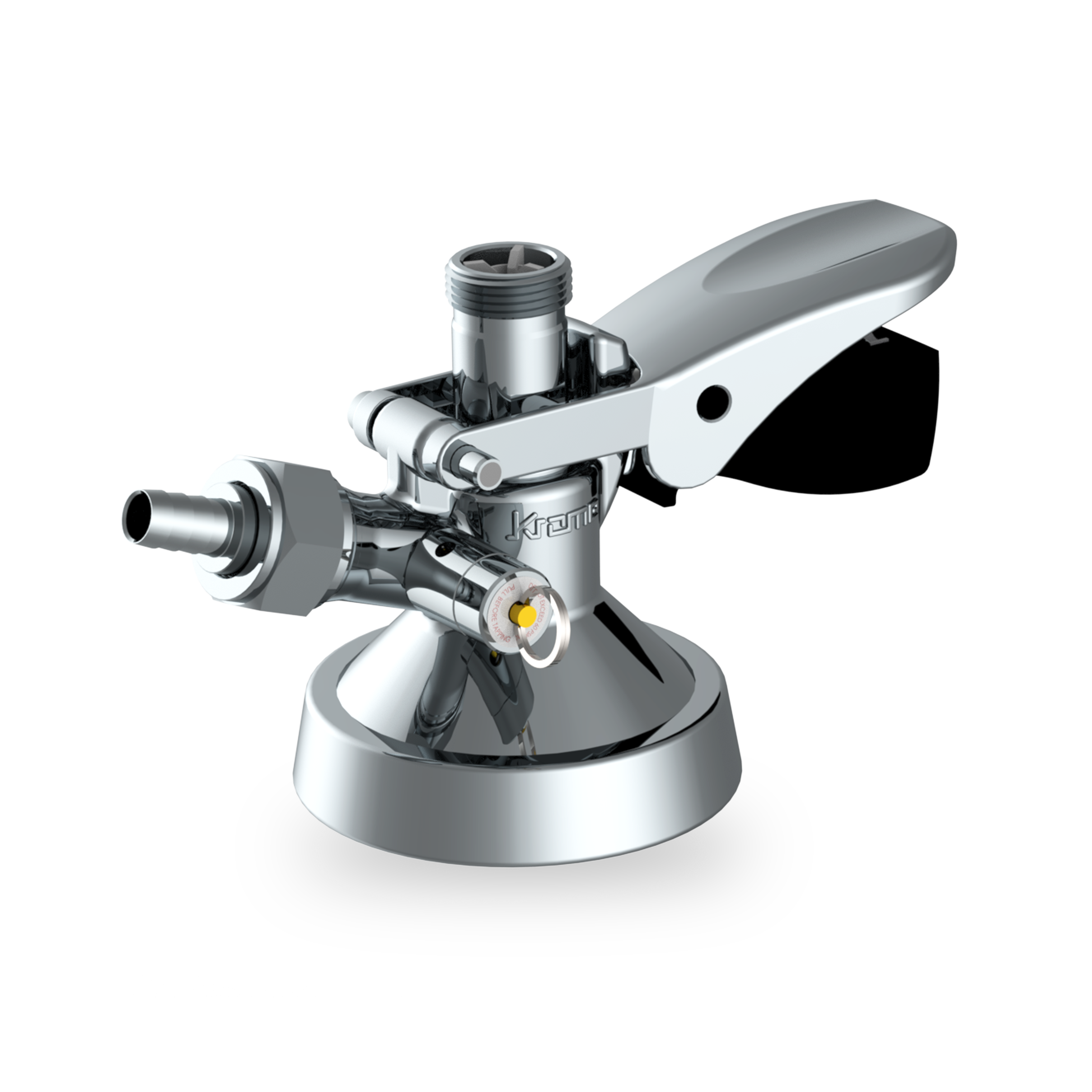 Krome Dispense KeyKeg Fatkobling med PRV - 5/8" BSP har et spakhåndtak, slangekobling og gjenget åpning, vist mot en hvit bakgrunn.