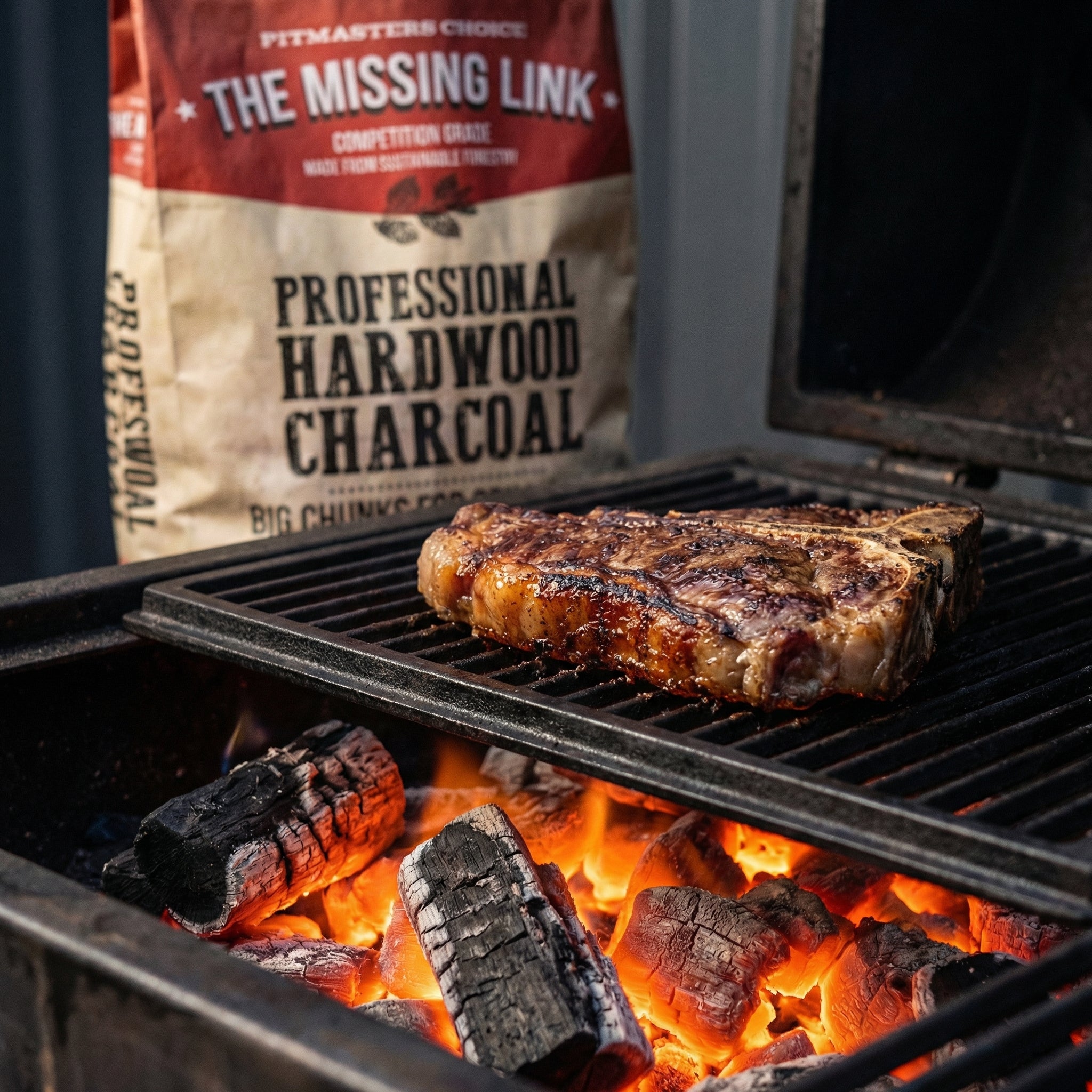 En biff stekes på en grill over Quebracho Blanco-kull, med en 8 kg tung pose Missing Link Grillkull av Argentinsk Quebracho Blanco synlig i bakgrunnen.