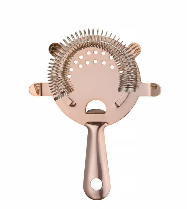 Hendi Bartender Tool Kit Kobber har en cocktailfilter av rustfritt stål med spiralfjær, sirkulære hull og en håndtert ende - et viktig barverktøy på hvit bakgrunn.
