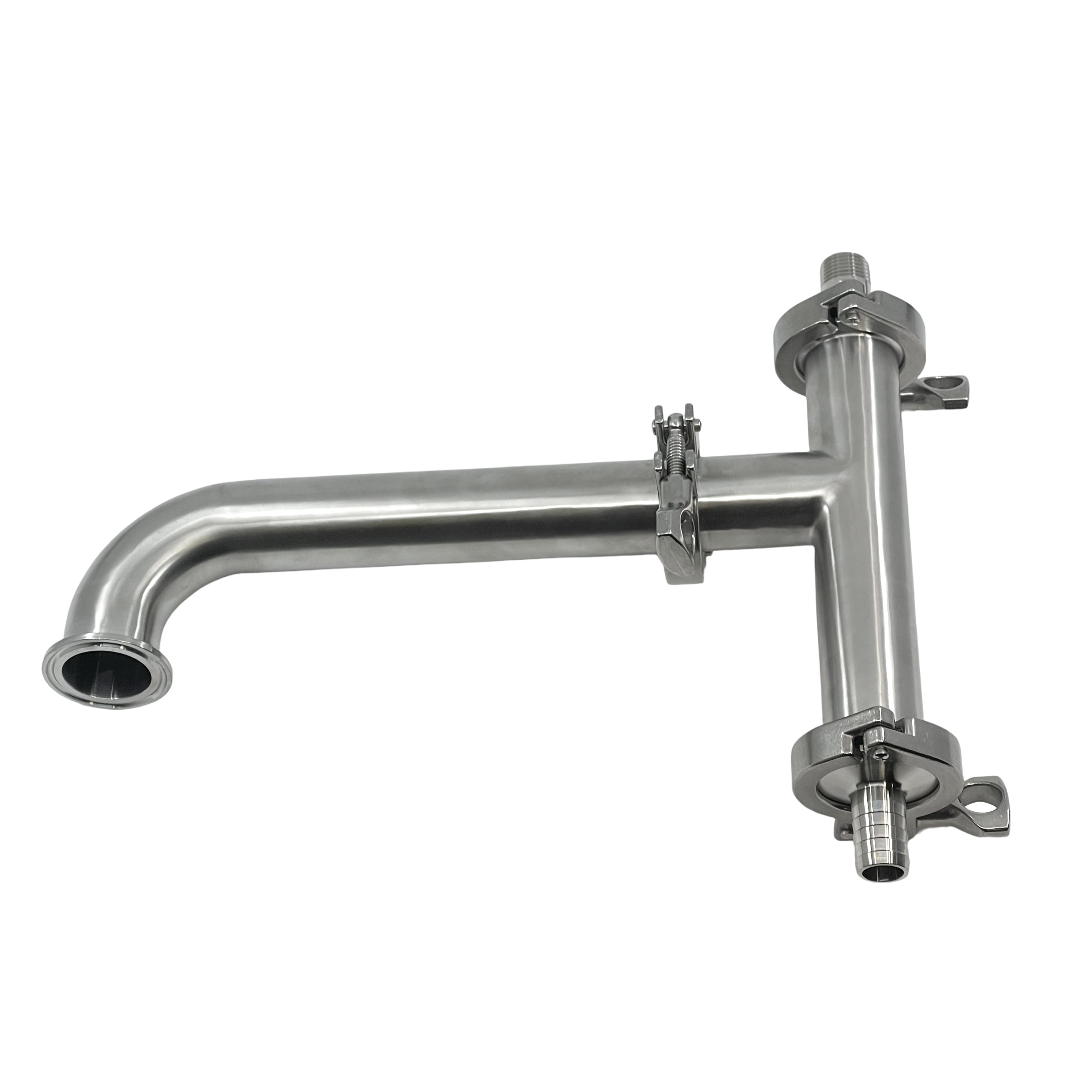 Grainfather Universal Dampkondensator uten lokk er en rørarmatur i rustfritt stål med rettvinklet bøy og klemmekoblinger, ideell for kondensering av fukt eller som dampkondensator i bryggeromsystemer.