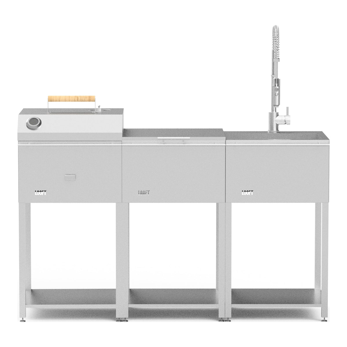 Looft utekjøkken Combination B med kullgrill, sidebord og vask med kran i rustfritt stål, mot hvit bakgrunn
