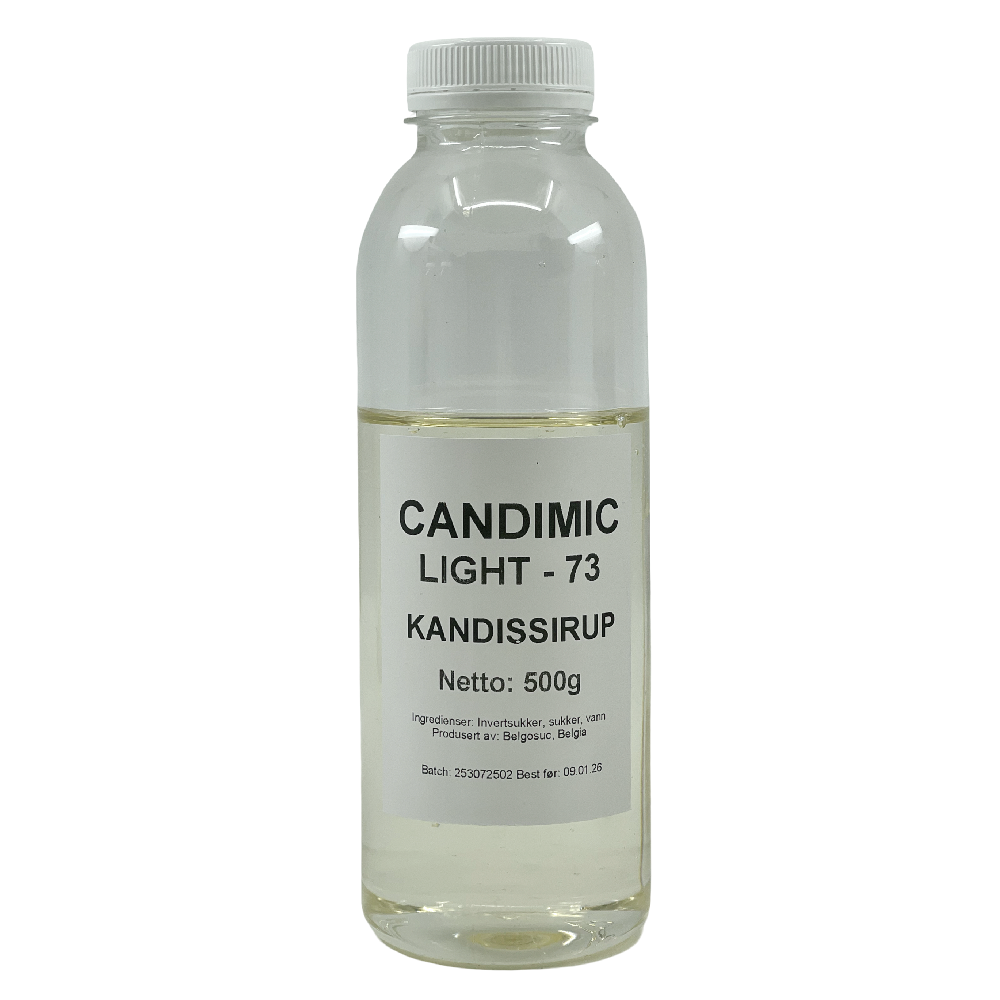 En 500 g klar flaske Belgosuc Candimic Light-73 Candy Sirup, ideell til brygging av belgisk øl eller som en allsidig sirup i oppskriftene dine.