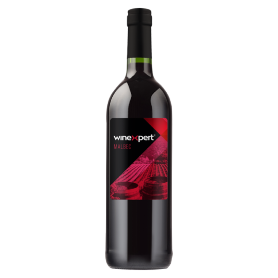 En flaske Winexpert Classic Vinsett - Malbec, Chile har en mørk glasskropp, svart hette og en etikett med slående rød og svart grafikk.