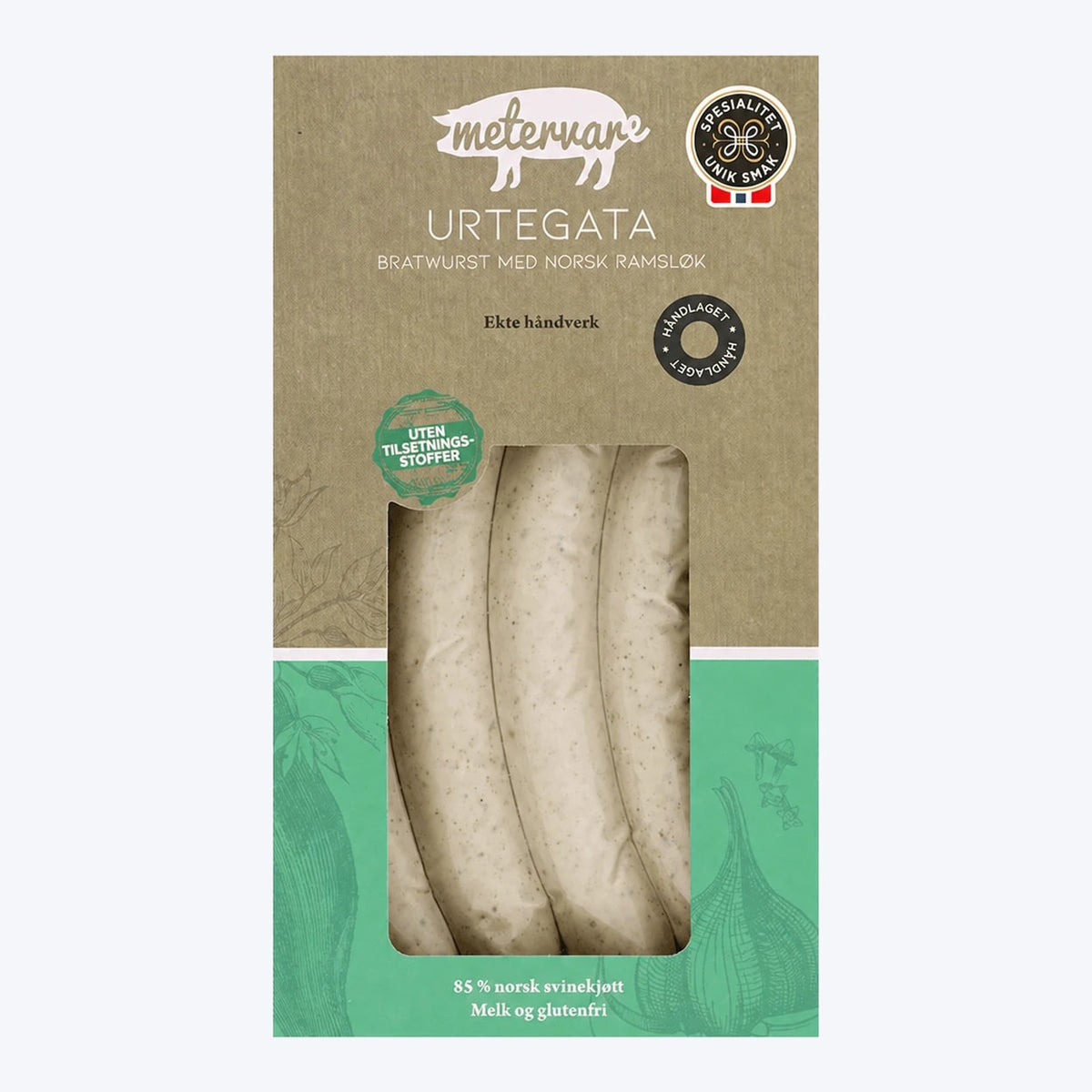 Metervare Urtegata kokt bratwurst med ramslök - 1 kg – förpackning med bratwurst med norsk ramslök