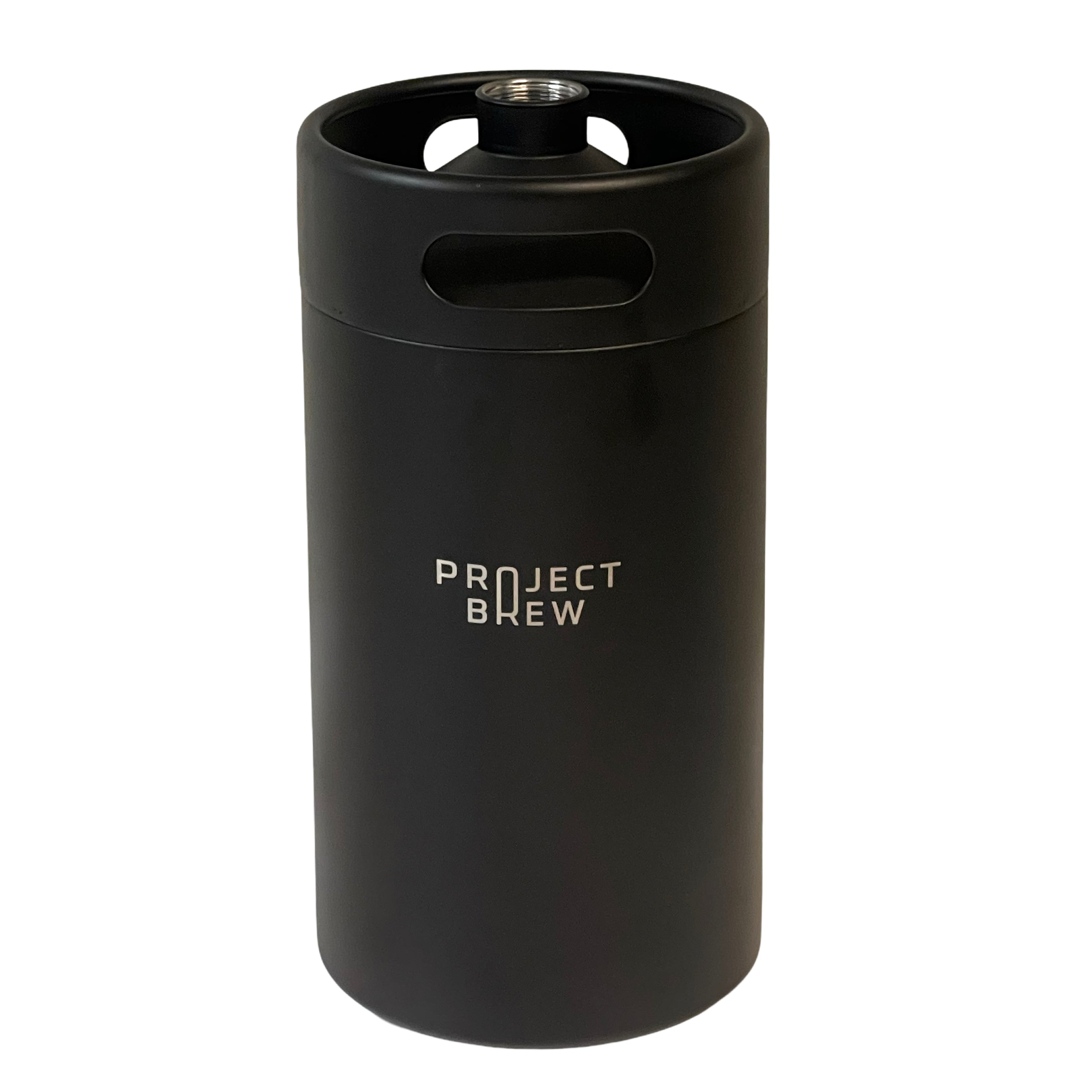 Project Brew 5L Mini Keg har en elegant svart metalldesign med to håndtak på toppen og Project Brew-logoen - ideelt for stilfull servering av drikkevarer.