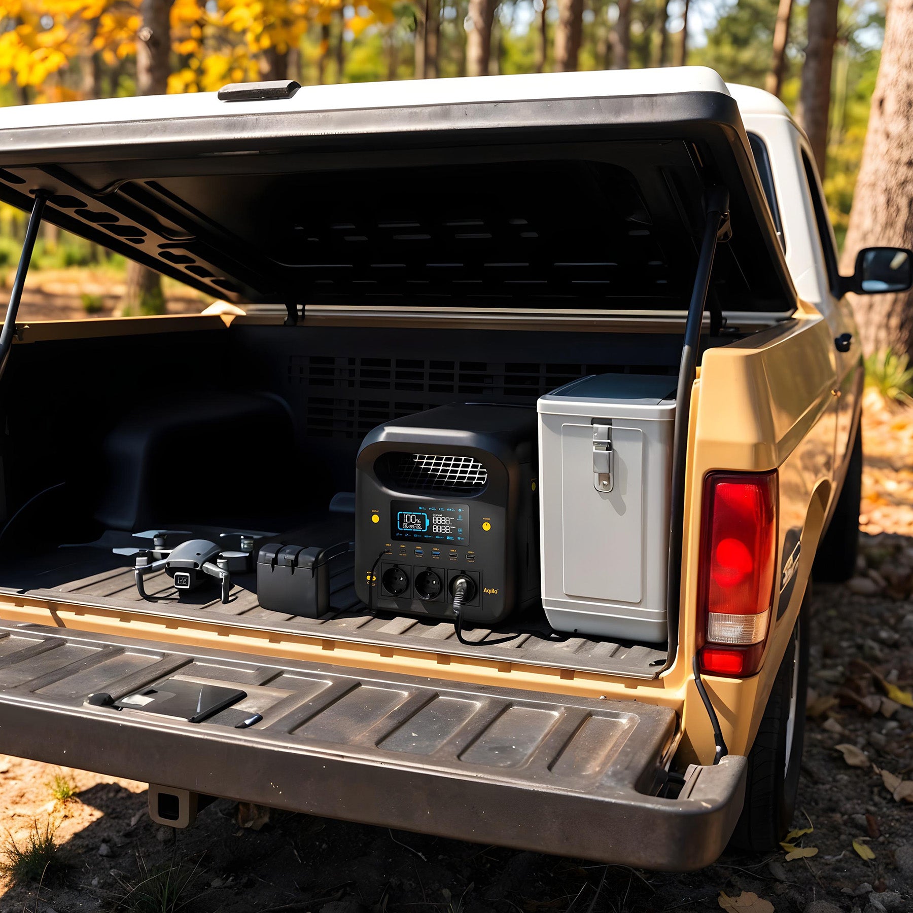 En Aqiila Powerbird S1800 v2 - Kraftstasjon nødbatteri fra Aqiila og elektronisk utstyr ligger i det åpne lasteplanet på en beige pickup som står parkert utendørs i et skogsområde.