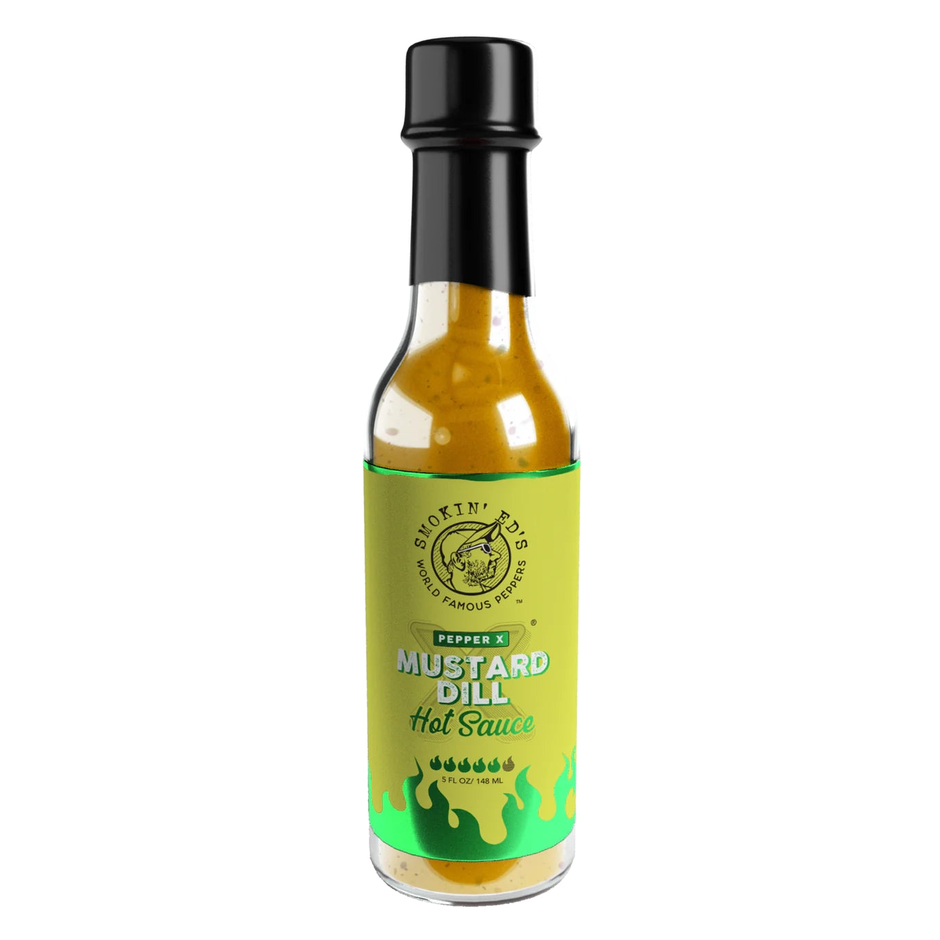 En flaske med PuckerButt Pepper Company's Smokin´ Ed´s Mustard Dill - Pepper X Edition hot saus, med grønn etikett og svart hette.