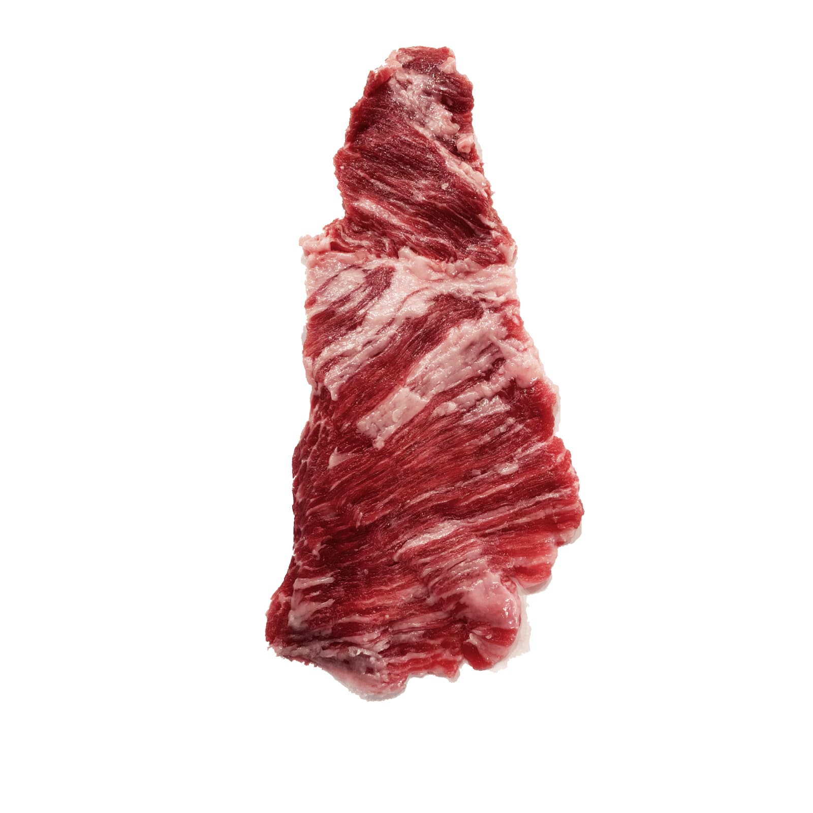 Et rått stykke marmorerte, røde og hvite Secreto Ibérico - Juan Pedro Domecq-biff (Kr 630 per kg) er isolert på en hvit bakgrunn.