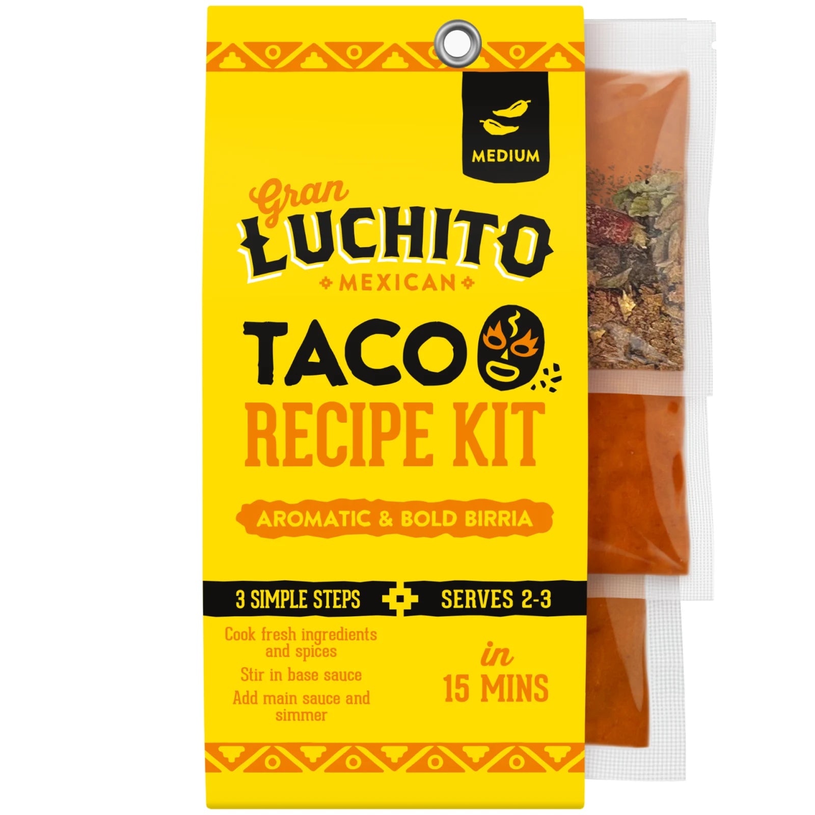 Gran Luchito Birria-oppskriftssett, 300 g-pakning merket «aromatisk og kraftig birria», med krydder- og sausposer synlige på siden – perfekt til å lage meksikanske tacoer med langtidskokt kjøtt.