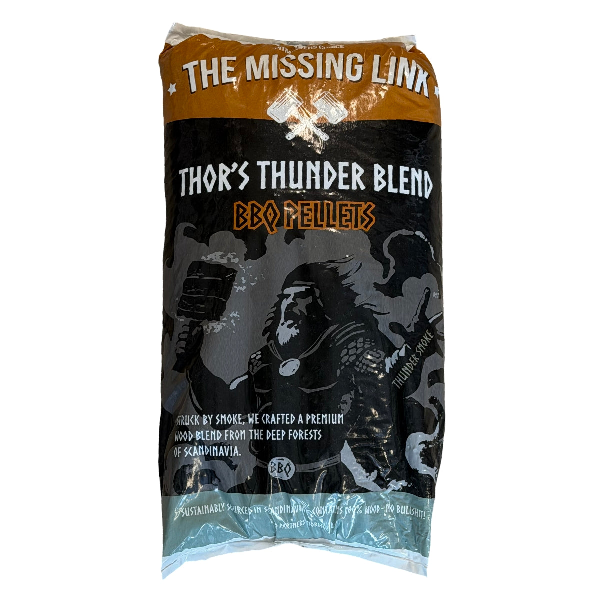 9-kilos sekk med The Missing Link Thor’s Thunder Blend BBQ-pellets av eik og or, med norrønt-inspirert illustrasjon og produktdetaljer på forsiden. Disse premium grillpelletsene er laget av en skandinavisk blanding av eik og or, for en autentisk nordisk BBQ-opplevelse.
