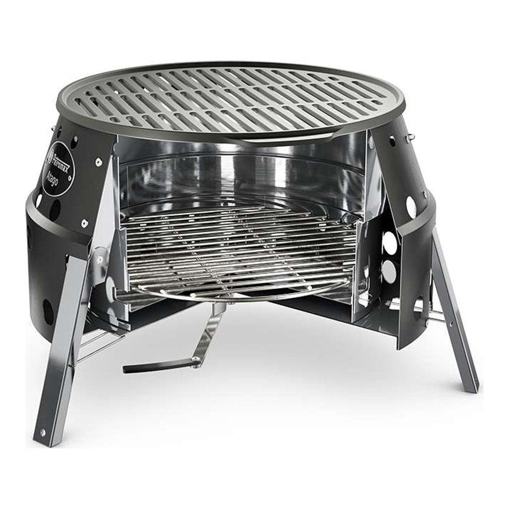 Genomskärning av Petromax Atago Black Edition som visar dubbel vägg, kolgaller och grillgaller